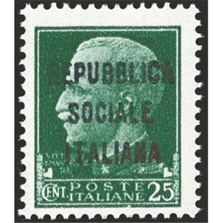 1944 RSI Imperiale 25 c. green with ‘m’-type overprint in black 490c Biondi certified Cat. €13,000 (**)