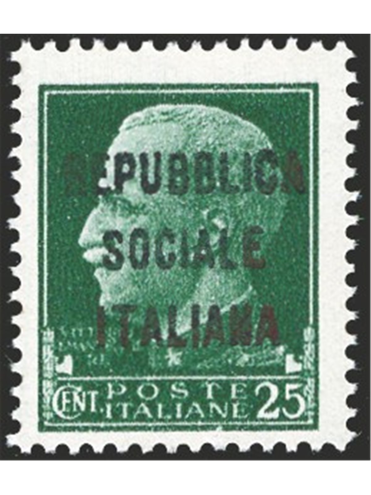 1944 RSI Imperiale 25 c. green with ‘m’-type overprint in black 490c Biondi certified Cat. €13,000 (**)