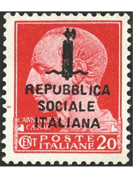 1944 RSI Imperiale 20 c. soprast. e fascetto detto Giulio Cesare n° 495/A Cert. Biondi Cat. € 1.125 (**)