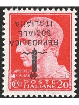 1944 RSI Imperiale 20 c. carminio soprast. di tipo "k" in nero capovolta n° 495/Aa Cert. Biondi Cat. € 1.250 (**)