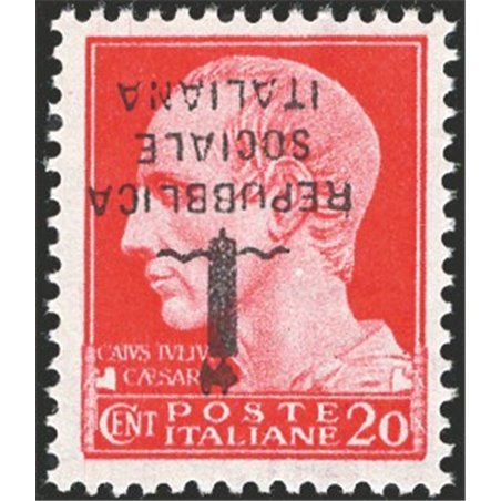 1944 RSI Imperiale 20 c. carminio soprast. di tipo "k" in nero capovolta n° 495/Aa Cert. Biondi Cat. € 1.250 (**)