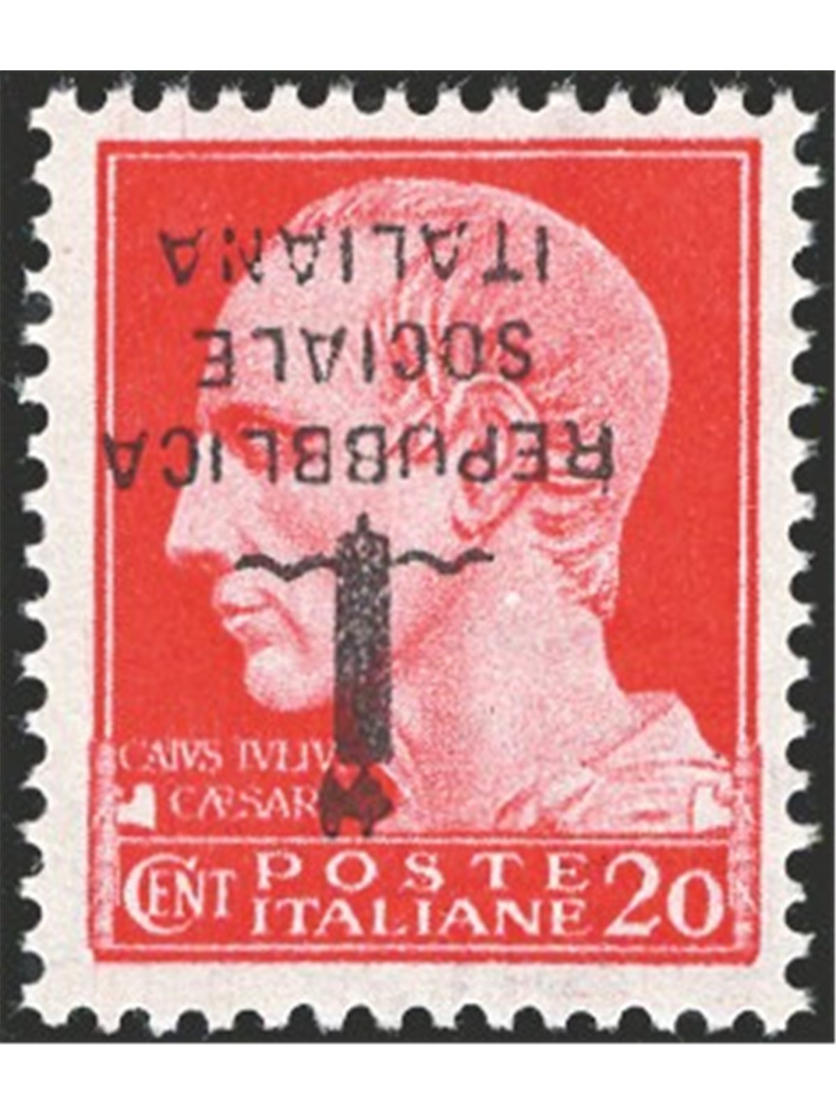 1944 RSI Imperial 20 c. carmine overprint ‘k’ type in black upside down no. 495/Aa Cert. Biondi Cat. €1,250 (**)