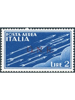 1944 RSI P.A. Imperial 2 £ light blue overprint from Brescia 1st type in red no. 122/I Biondi Certificate Cat. €6,750 (**)
