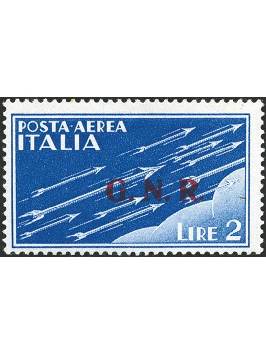 1944 RSI P.A. Imperiale 2 £ azzurro soprast. di Brescia 1° tipo in rosso n° 122/II Cert. Carraro Cat. € 600 (**)