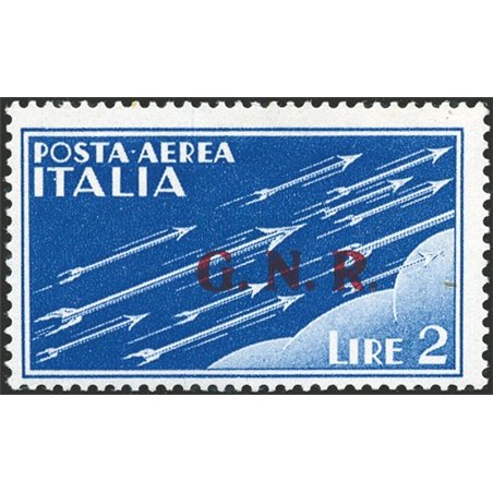 1944 RSI P.A. Imperiale 2 £ azzurro soprast. di Brescia 1° tipo in rosso n° 122/II Cert. Carraro Cat. € 600 (**)