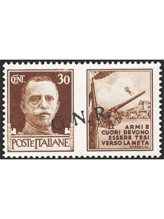1944 RSI War Propaganda 30 c. brown with G.N.R. overprint from Verona 2nd type slanted from bottom to top no. 18bb. Signed ED. C