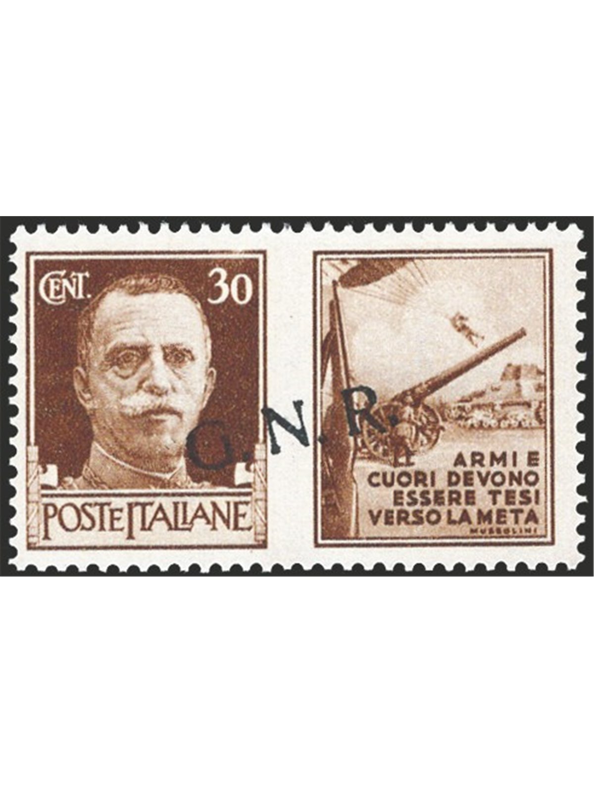1944 RSI War Propaganda 30 c. brown with G.N.R. overprint from Verona 2nd type slanted from bottom to top no. 18bb. Signed ED. C