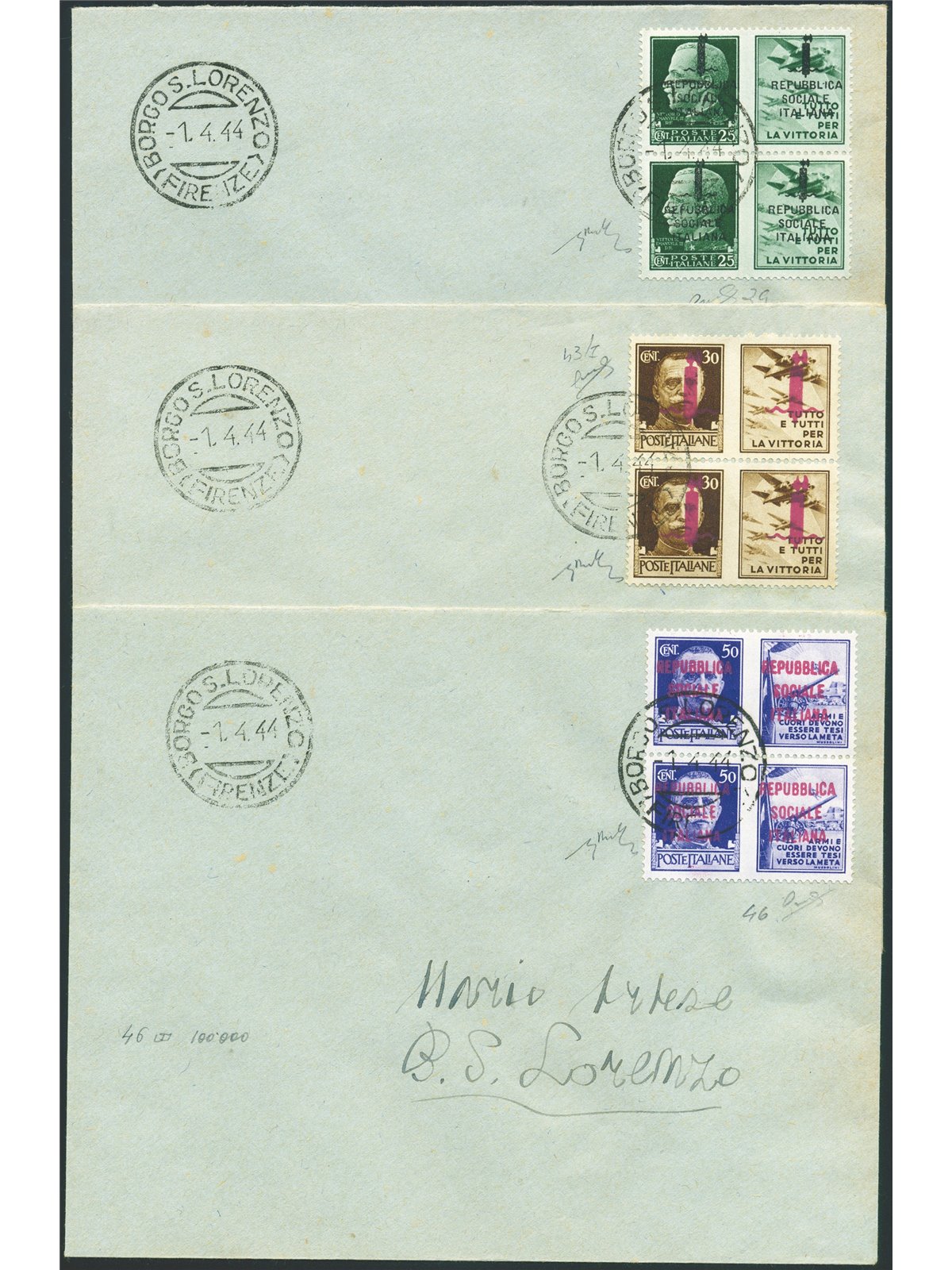 1944 RSI War Propaganda – exceptional lot of 16 franked envelopes series in pairs