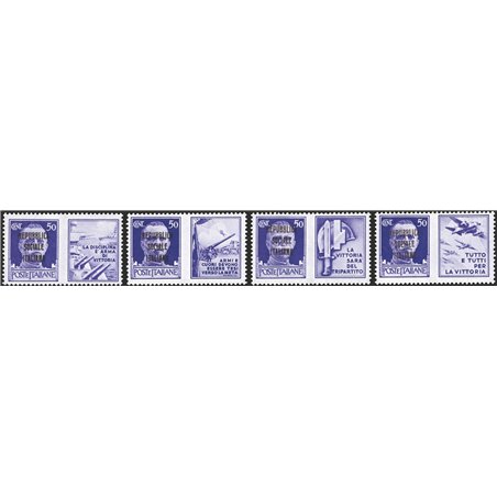 1944 RSI War Propaganda – the 4 denominations of 50 c. violet with local machine-printed overprint from Turin characters closer 