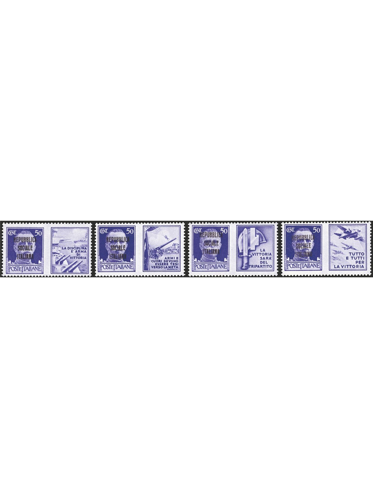 1944 RSI War Propaganda – the 4 denominations of 50 c. violet with local machine-printed overprint from Turin characters closer 