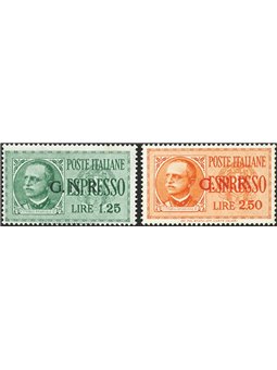 1943/44 RSI Express stamps with Verona overprint and color errors on the overprints. 1.25 L black and 2.50 L red series no. 19A/