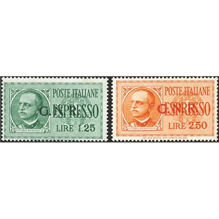 1943/44 RSI Express stamps with Verona overprint and color errors on the overprints. 1.25 L black and 2.50 L red series no. 19A/