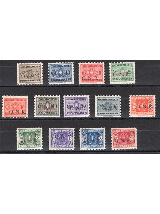 1944 RSI Postage Due stamps with Verona G.N.R. overprint series no. 47/59. Various signatures. Apicella cert. Cat. €3,750 (**)
