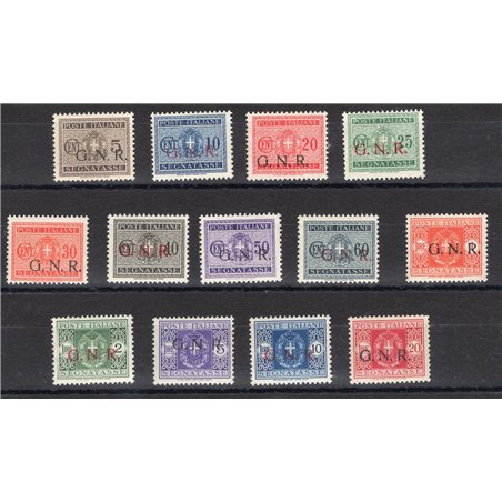 1944 RSI Postage Due stamps with Verona G.N.R. overprint series no. 47/59. Various signatures. Apicella cert. Cat. €3,750 (**)