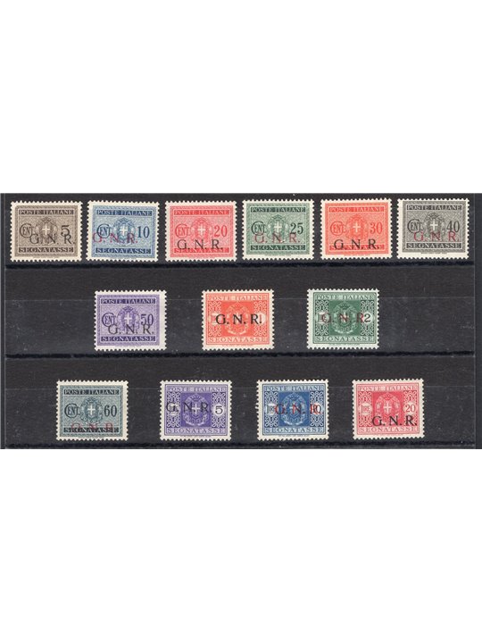 1944 RSI Segnatasse soprast. G.N.R. di Verona serie n° 47/59. Varie firme Cert. CiBaFil Cat. € 1.600 (*)
