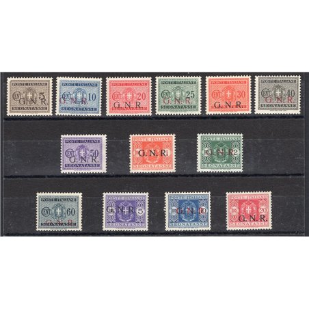 1944 RSI Postage Due stamps with Verona G.N.R. overprint series no. 47/59. Various signatures. CiBaFil cert. Cat. €1,600 (*)
