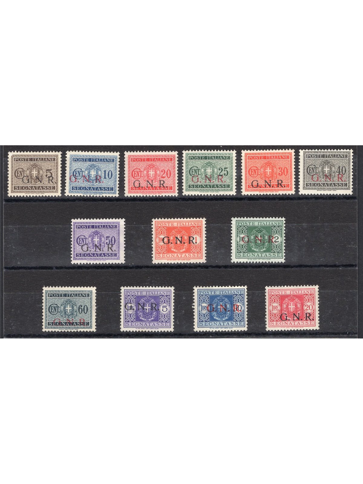 1944 RSI Postage Due stamps with Verona G.N.R. overprint series no. 47/59. Various signatures. CiBaFil cert. Cat. €1,600 (*)