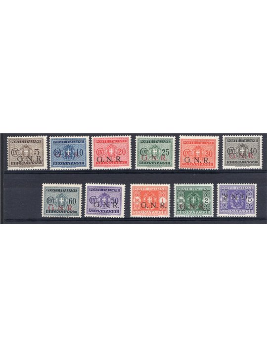 1944 RSI Segnatasse soprast. di Brescia serie n° 47I/57I. Timbrino Scotto Cert. Biondi Cat. € 3.000 (**)