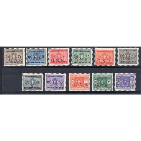 1944 RSI Postage Due stamps with Brescia overprint series no. 47I/57I. Scotto handstamp. Biondi cert. Cat. €3,000 (**)