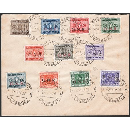 1944 RSI lettera filatelica non indirizzata affrancata con segnatasse con soprast. di Brescia del 1° tipo tutti tranne 1 £ aranc