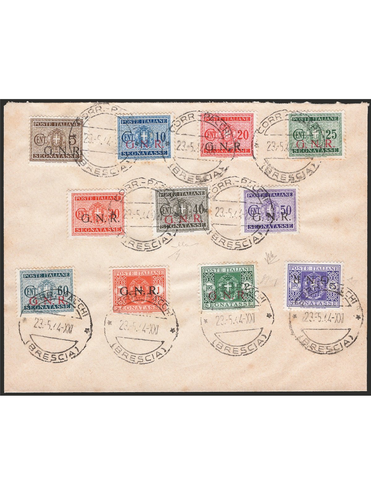 1944 RSI lettera filatelica non indirizzata affrancata con segnatasse con soprast. di Brescia del 1° tipo tutti tranne 1 £ aranc