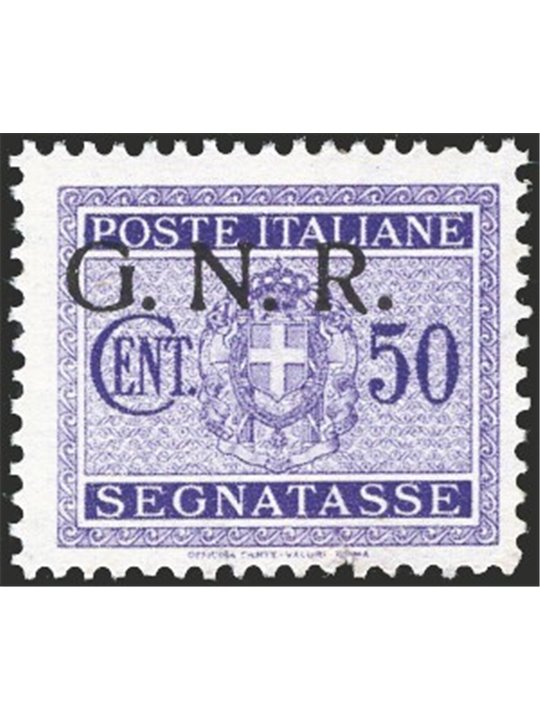 1944 RSI Postage due 50 c. violet with G.N.R. Verona overprint strongly shifted up and to the left no. 53da. Signed G. Oliva Ray