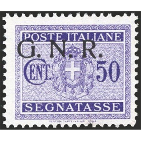 1944 RSI Postage due 50 c. violet with G.N.R. Verona overprint strongly shifted up and to the left no. 53da. Signed G. Oliva Ray