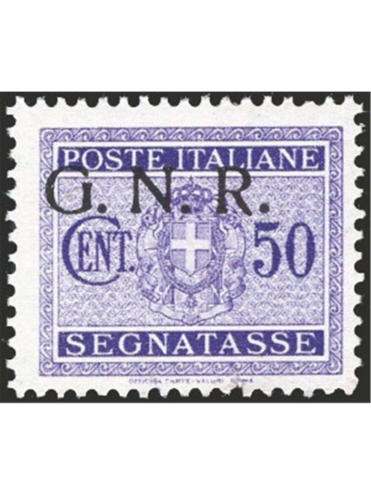 1944 RSI Segnatasse 50 c. violetto con soprast. G.N.R. di Verona fortemente spostata in alto ed a sinistra n° 53da. Firm. G. Oli