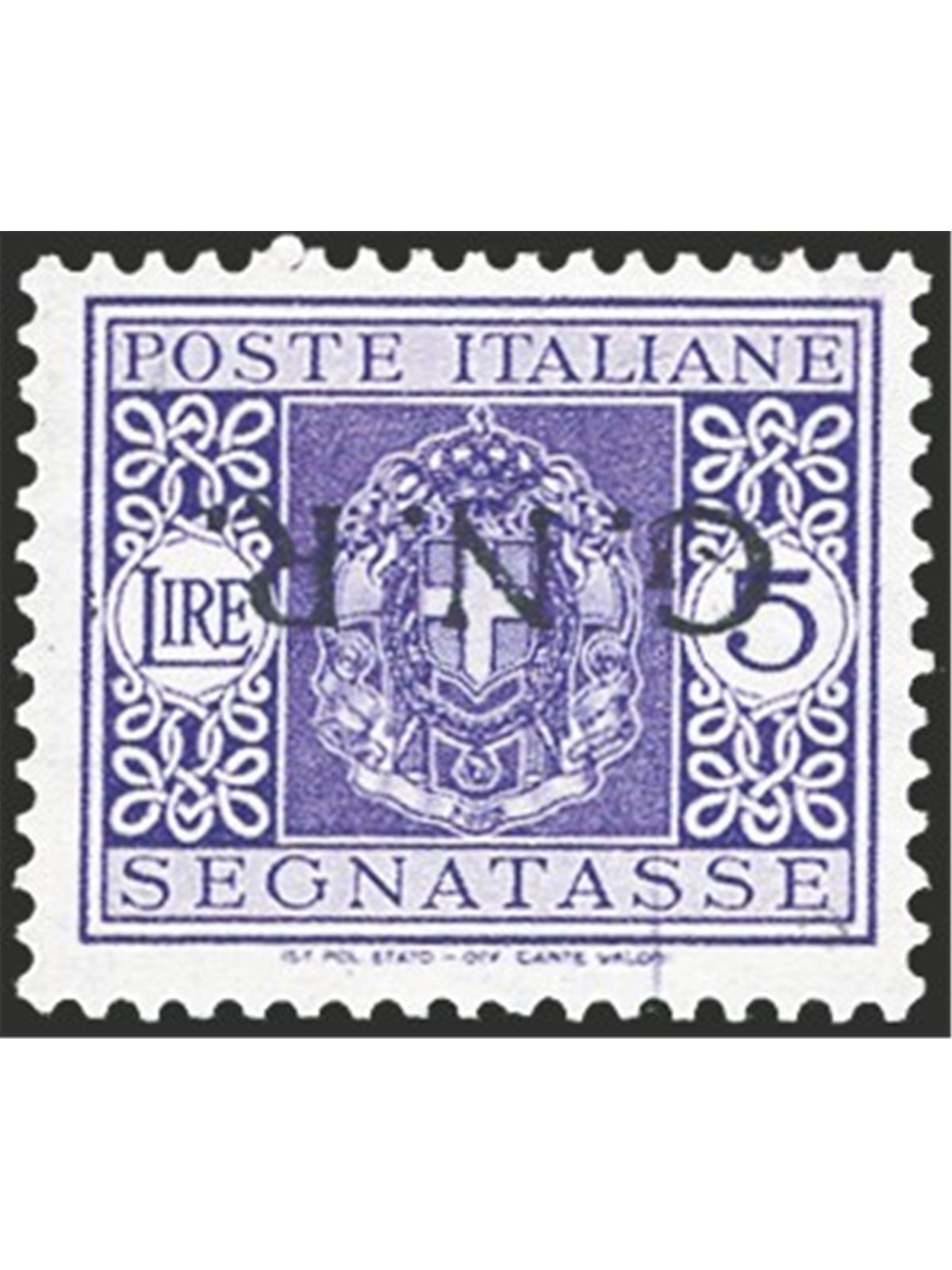 1944 RSI Postage due 5 £ violet with G.N.R. Verona overprint no. 57a. Signed AD Raybaudi Biondi Cert. Apicella Cert. Apicella Ca