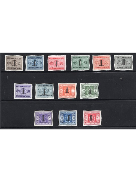 1944 RSI Postage due overprints no. 60/72. Signed Chia Cert. CiBaFil Cat. €1,150 (**)
