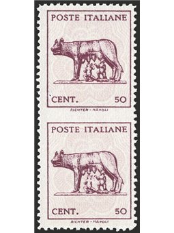 1944 Luogotenenza Lupa 50 c. in vertical pair without watermark imperforate at the center no. 515Aac Cert. Biondi Cat. €1,100 (*