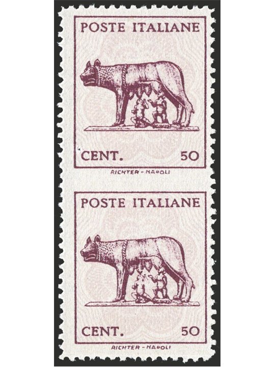 1944 Luogotenenza Lupa 50 c. in vertical pair without watermark imperforate at the center no. 515Aac Cert. Biondi Cat. €1,100 (*