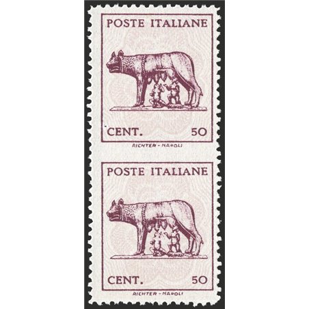 1944 Luogotenenza Lupa 50 c. in coppia verticale senza filigrana non dent. al centro n° 515Aac Cert. Biondi Cat. € 1.100 (**)