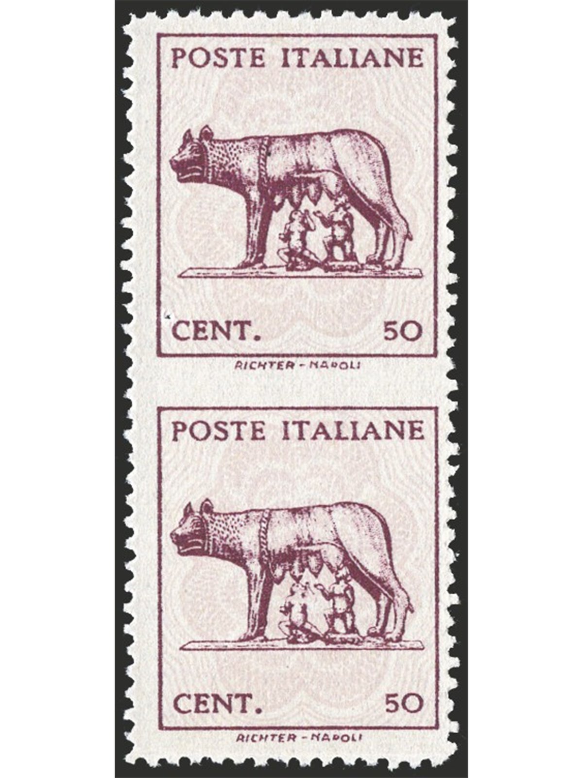 1944 Luogotenenza Lupa 50 c. in vertical pair without watermark imperforate at the center no. 515Aac Cert. Biondi Cat. €1,100 (*