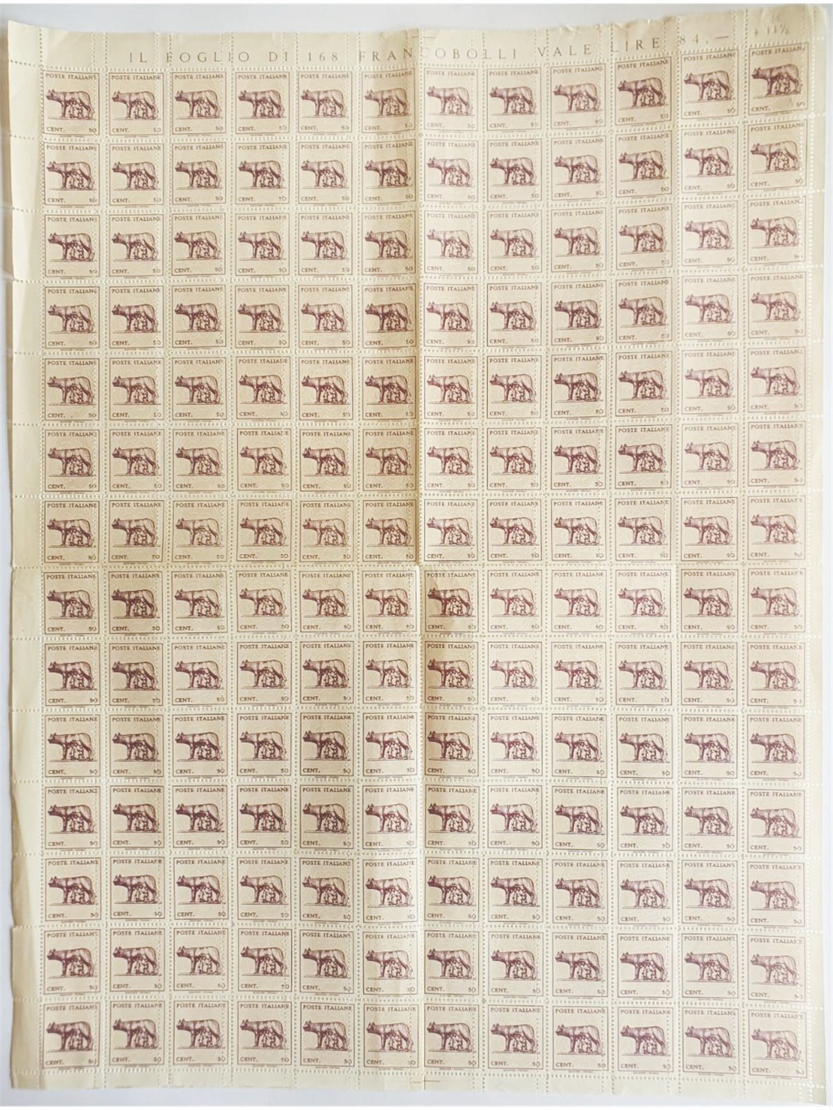 1944 Capitoline Wolf 50c Sheet Double Perforation Unique Variety Cert.