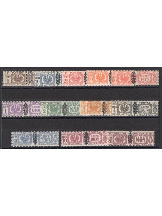 1945 Luogotenenza Pacchi postali soprast. serie n° 48/59 Cert. Biondi Cat. € 450 (**)