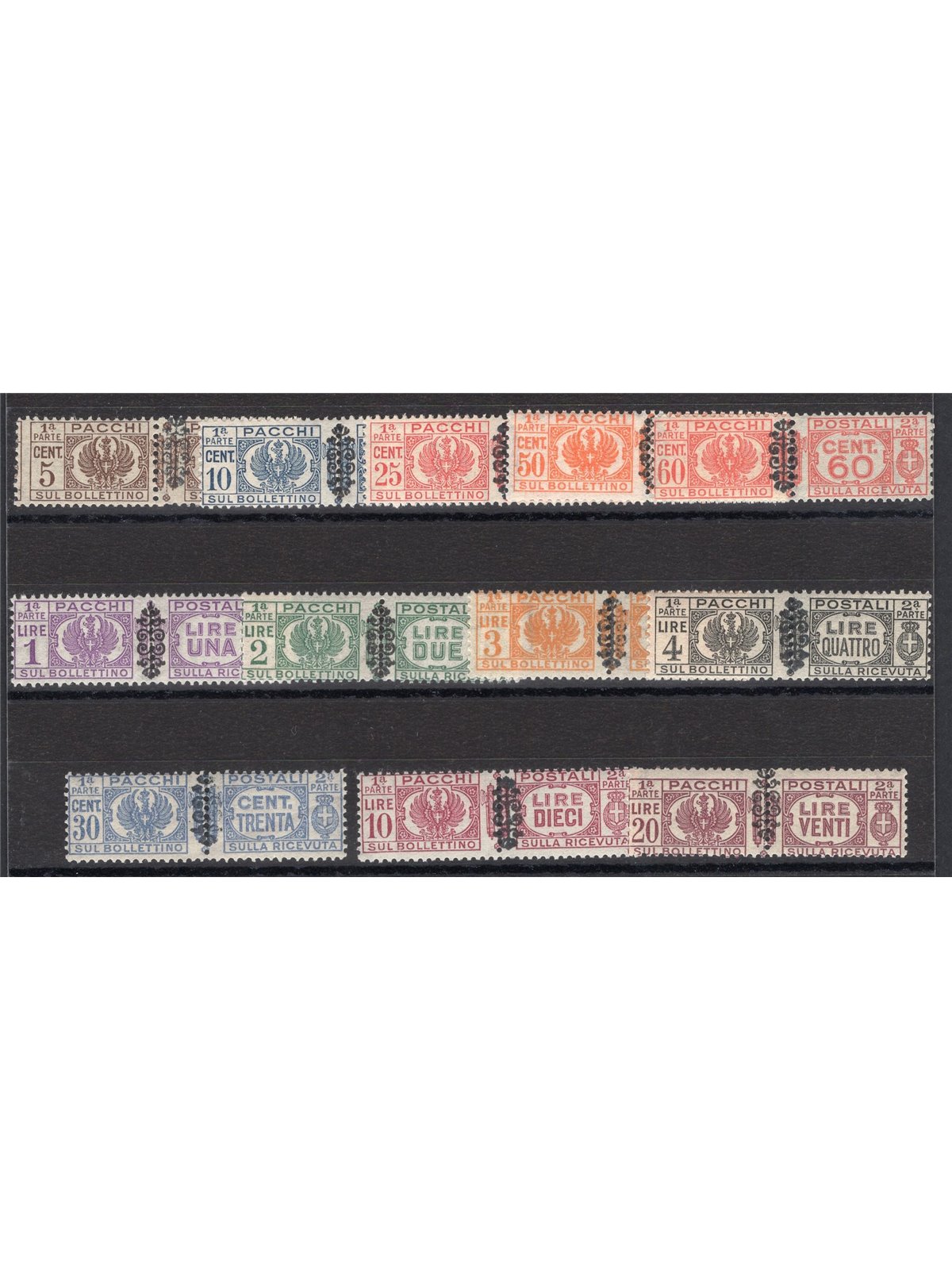 1945 Luogotenenza Pacchi postali soprast. serie n° 48/59 Cert. Biondi Cat. € 450 (**)