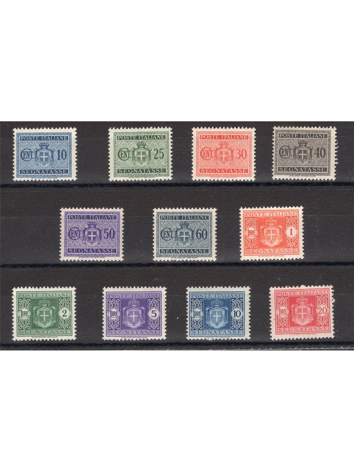 1945 Luogotenenza Segnatasse filigrana ruota serie n° 86/96 Cert. CiBaFil Cat. € 250 (**)