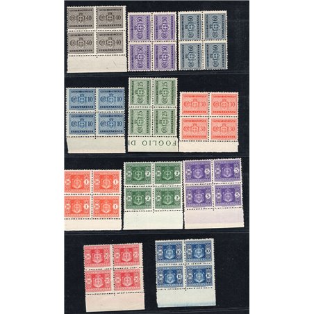 1945 Luogotenenza Segnatasse filigrana ruota serie n° 86/96 in quartina Cert. Biondi Cat. € 1.100 (**)
