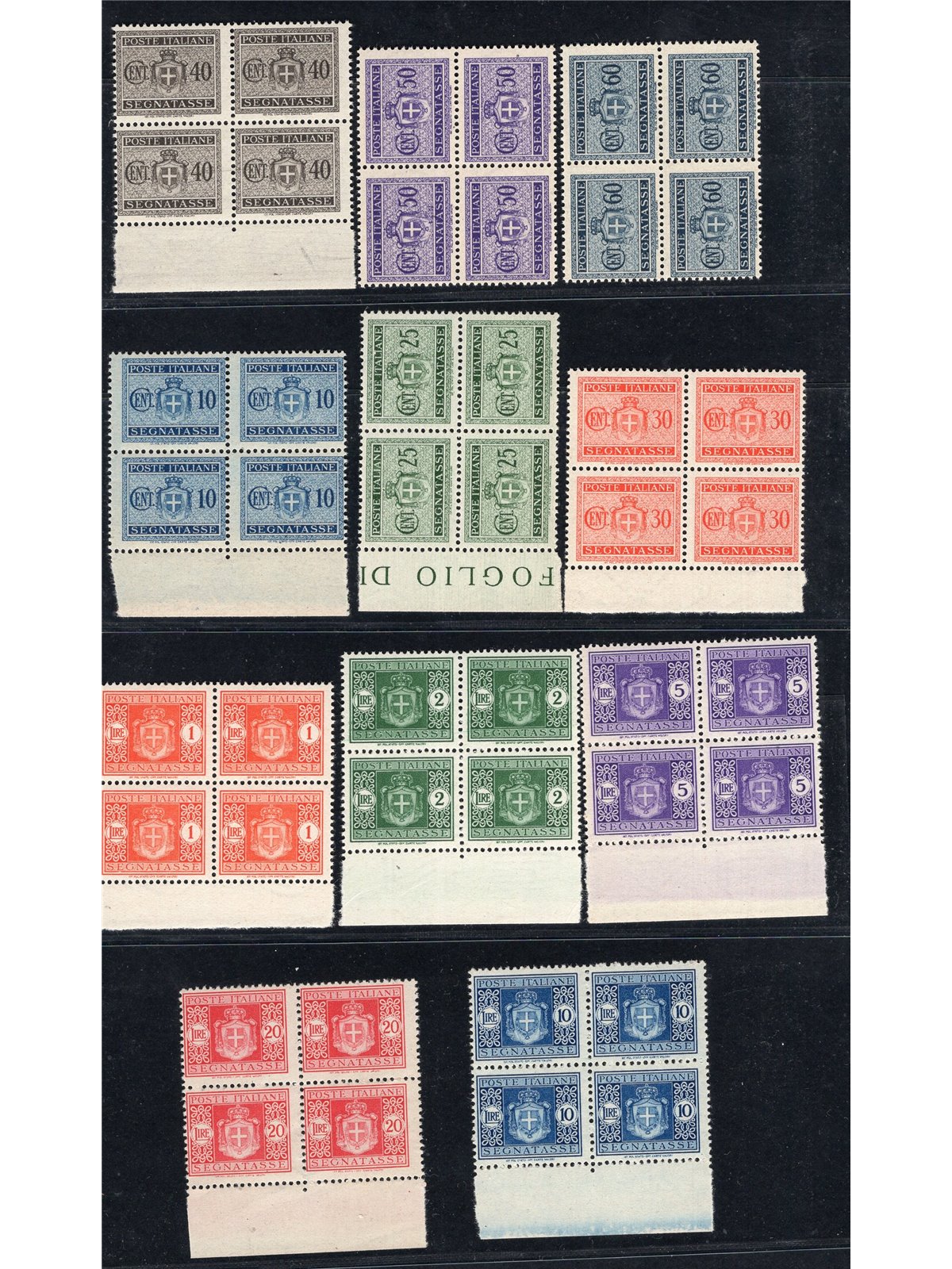 1945 Lieutenantship Postage Due wheel watermark series no. 86/96 in a block of four Cert. Biondi Cat. €1,100 (**)