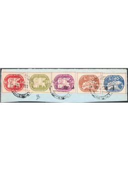1945 Luogotenenza Coralit Leone di S. Marco su frammento con annulli di Brescia dell'ultimo giorno di validità serie n° 3/7 Cert