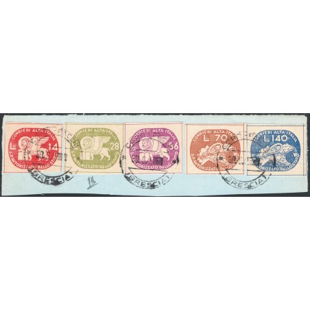 1945 Luogotenenza Coralit Leone di S. Marco su frammento con annulli di Brescia dell'ultimo giorno di validità serie n° 3/7 Cert