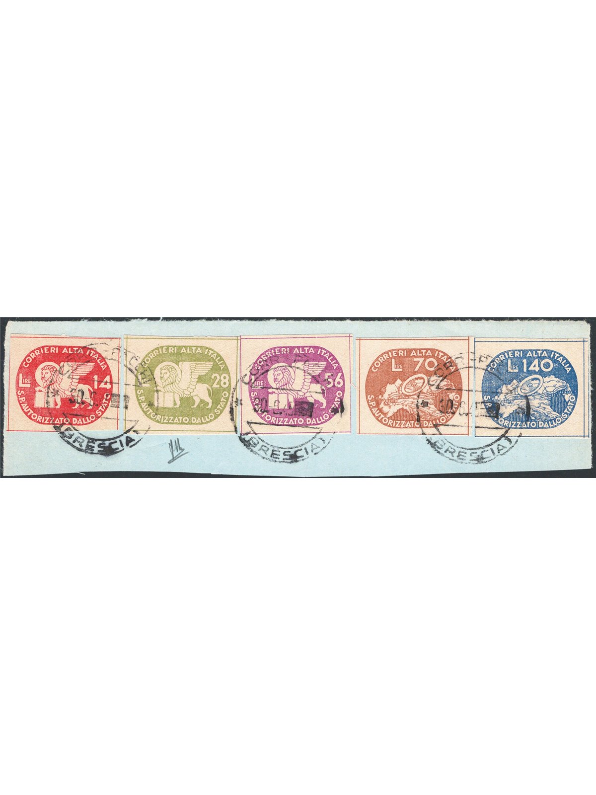 1945 Lieutenantship Coralit Lion of St. Mark on a fragment with cancellations from Brescia on the last day of validity series no