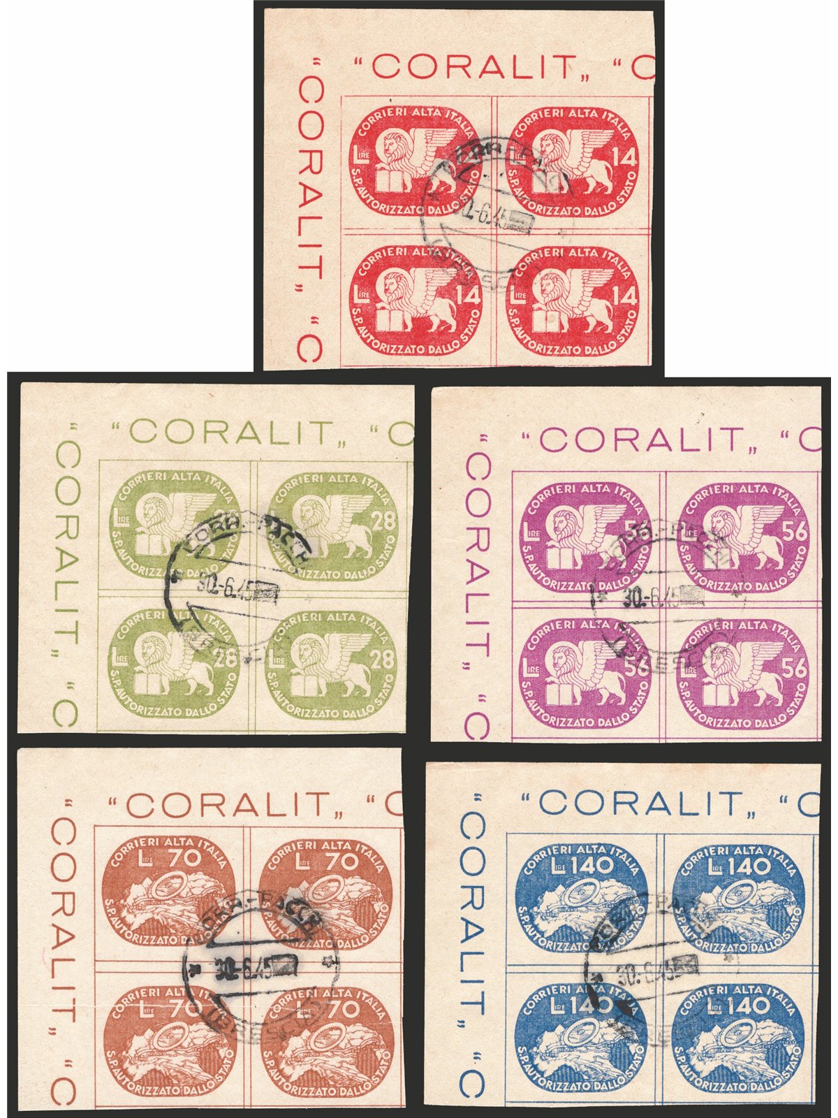 1945 Luogotenenza Coralit Leone di S. Marco con annulli di Brescia dell'ultimo giorno di validità serie n° 3/7 in quartina d'ang
