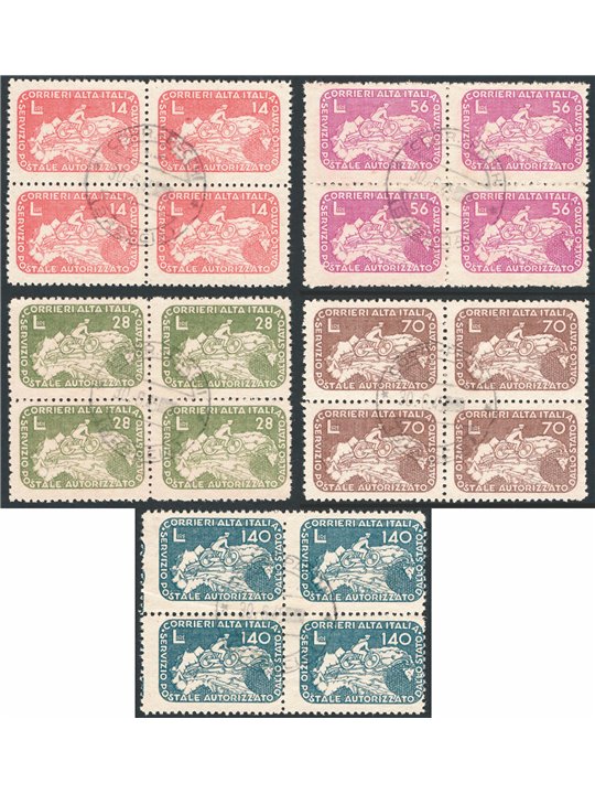 30/6/1945 Luogotenenza Coralit Ciclista con annulli di Brescia dell'ultimo giorno di validità serie n° 8/12 in quartina Cert. Ci
