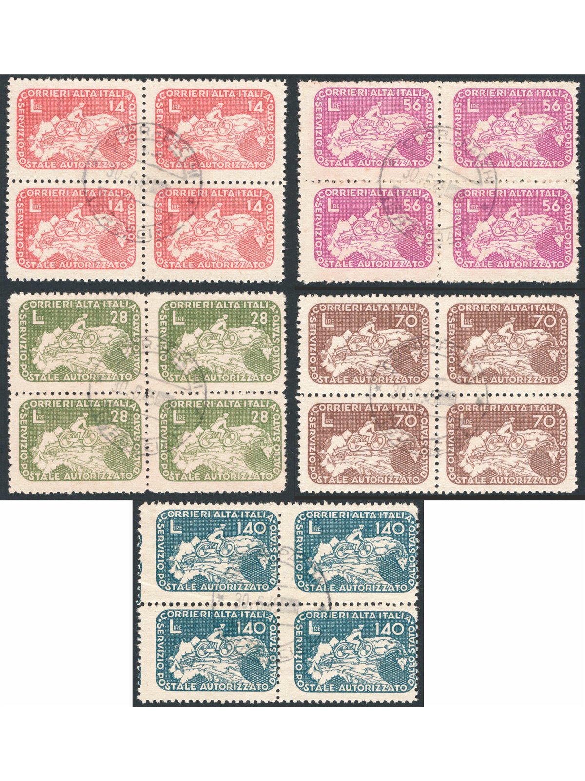 30/6/1945 Lieutenantship Coralit Cyclist with cancellations from Brescia on the last day of validity series no. 8/12 in a block 