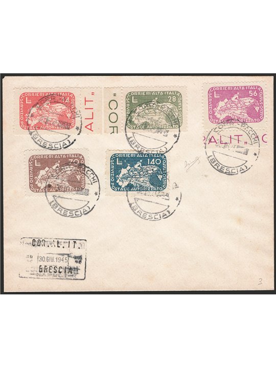 1945 Lieutenantship Authorized Private Services Coralit Cyclist series no. 8/12 on philatelic cover canceled on the last day of 