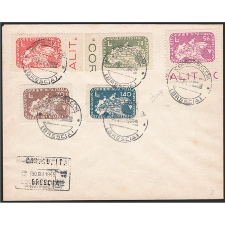1945 Luogotenenza Servizi Privati Autorizzati Coralit Ciclista serie n° 8/12 su busta filatelica annullata l'ultimo giorno del s