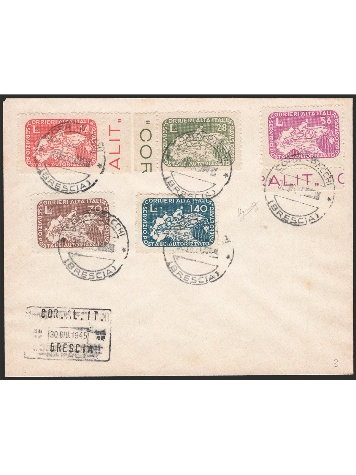 1945 Lieutenantship Authorized Private Services Coralit Cyclist series no. 8/12 on philatelic cover canceled on the last day of 