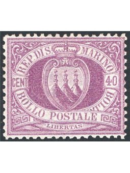San Marino 1877 Stemma 40 c. lilla scuro con ottima centratura n° 7 Cert. Apicella Cat. € 10.800 (**) 
